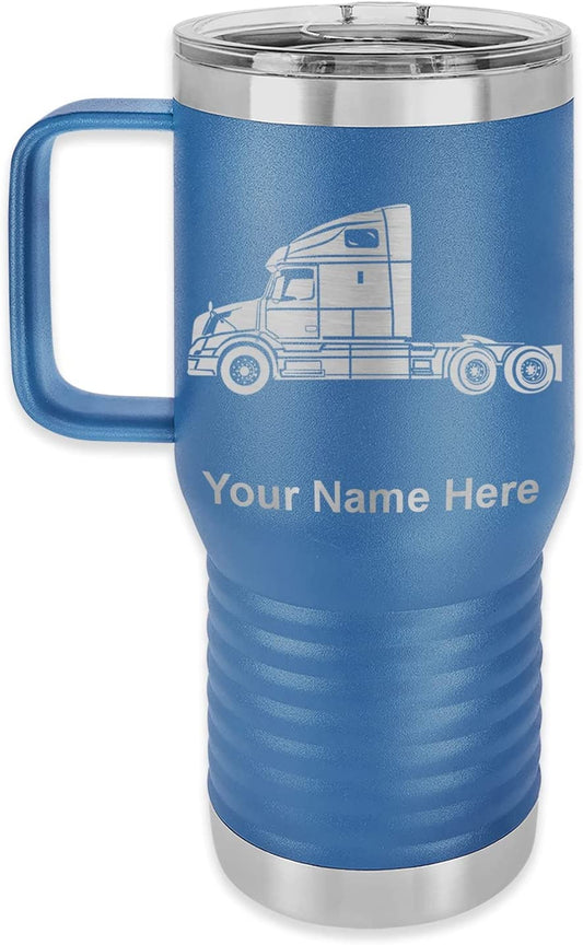20oz Vacuum Insulated Travel Mug with Handle, Truck Cab, Personalized Engraving Included (Dark Blue)