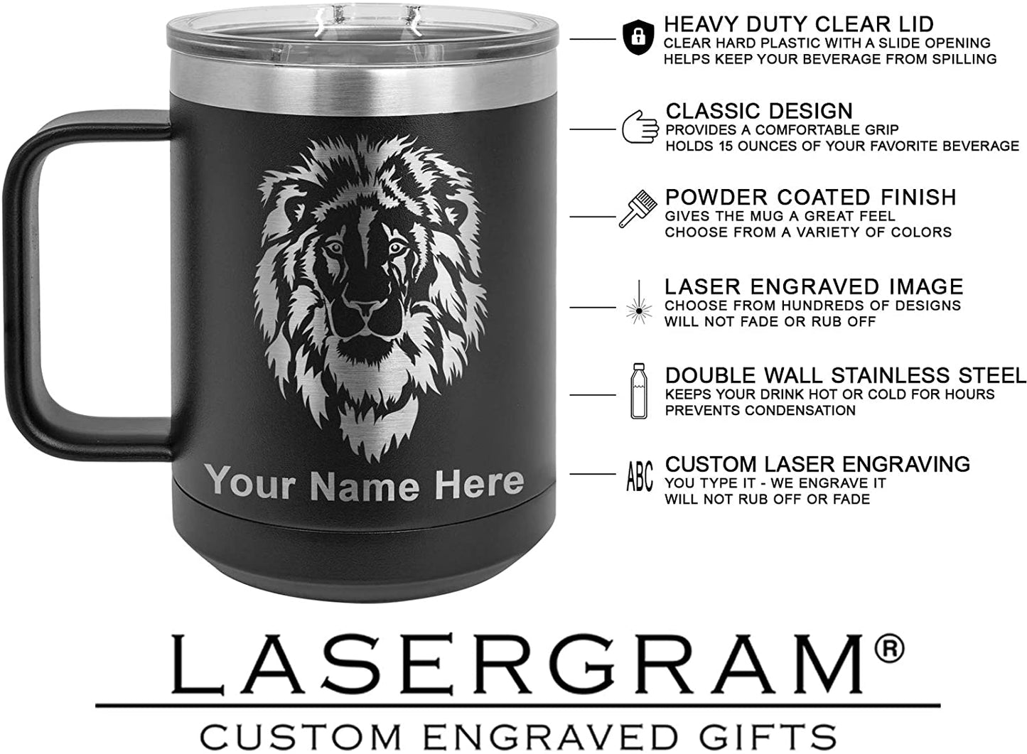 15oz Vacuum Insulated Coffee Mug, Bass Fish, Personalized Engraving Included