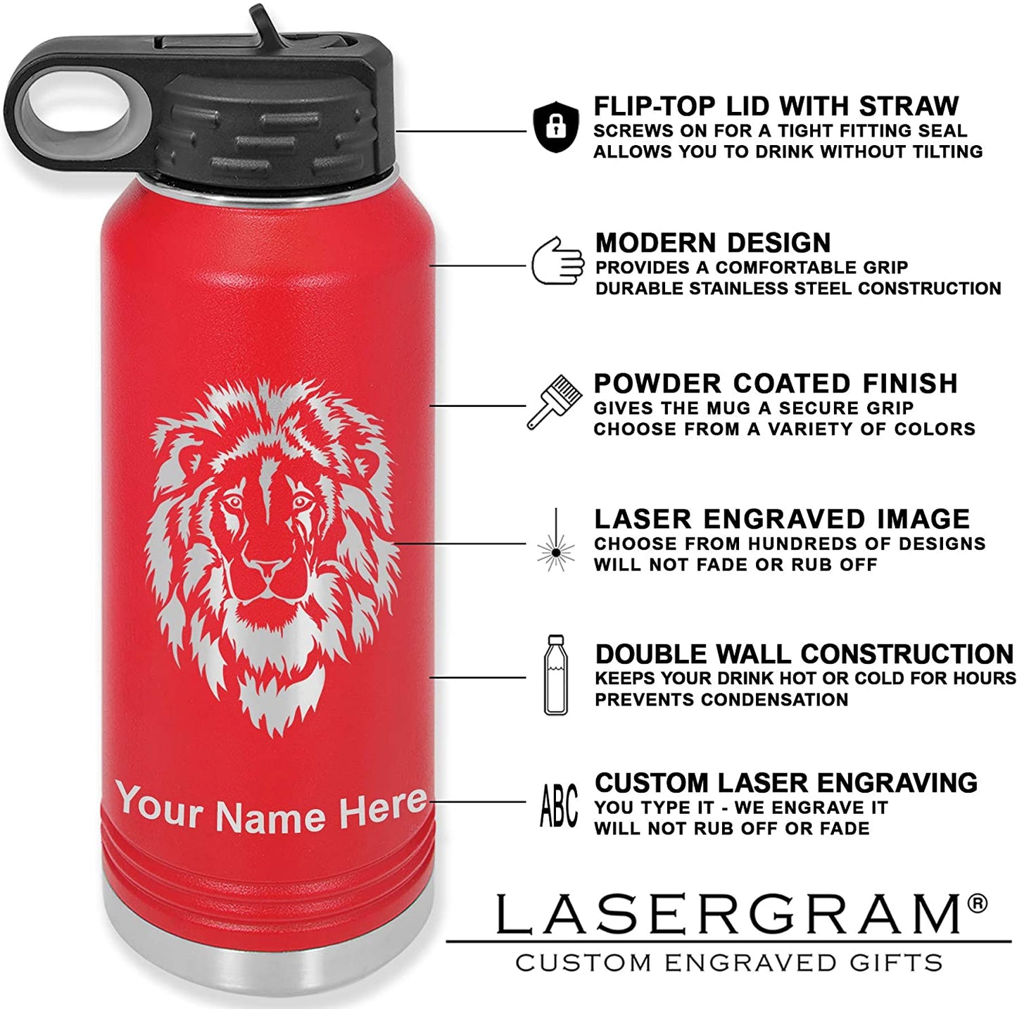 LaserGram 32oz Double Wall Flip Top Water Bottle with Straw, Grad Cap Class of 2020, 2021, 2022, 2023, 2024, 2025, Personalized Engraving Included