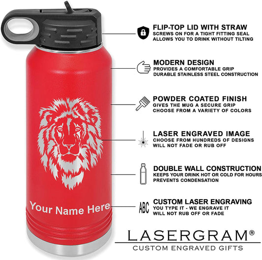 LaserGram 32oz Double Wall Flip Top Water Bottle with Straw, Baseball Ball, Personalized Engraving Included
