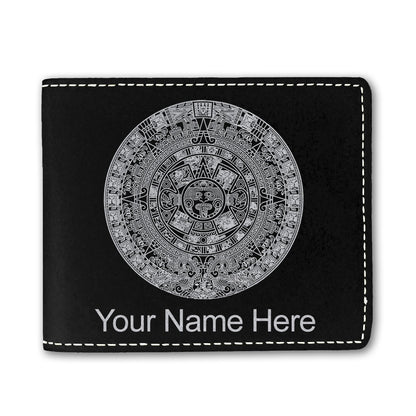 Faux Leather Bi-Fold Wallet, Aztec Calendar, Personalized Engraving Included