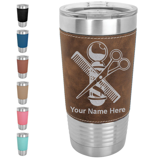 20oz Faux Leather Tumbler Mug, Barber Shop Pole, Personalized Engraving Included - LaserGram Custom Engraved Gifts