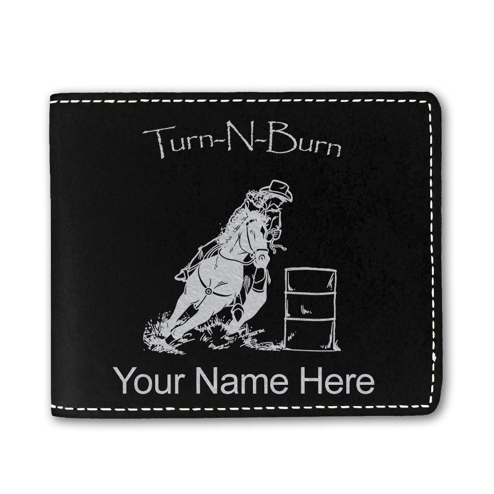 Faux Leather Bi-Fold Wallet, Barrel Racer Turn N Burn, Personalized Engraving Included