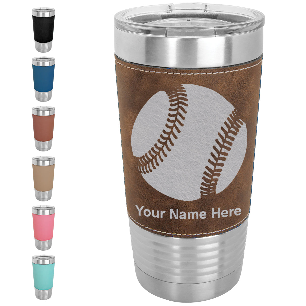 20oz Faux Leather Tumbler Mug, Baseball Ball, Personalized Engraving Included - LaserGram Custom Engraved Gifts