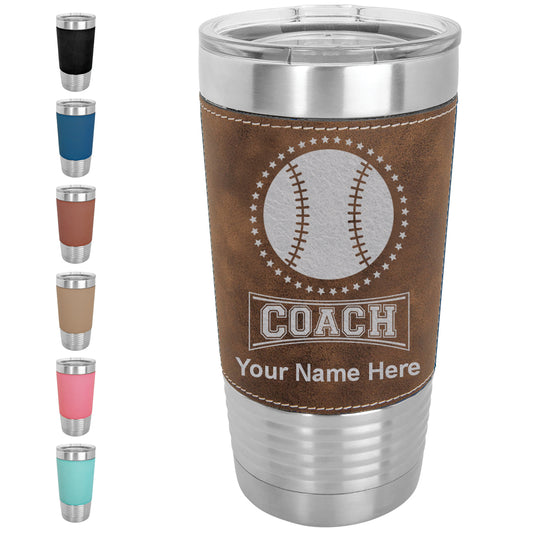 20oz Faux Leather Tumbler Mug, Baseball Coach, Personalized Engraving Included - LaserGram Custom Engraved Gifts