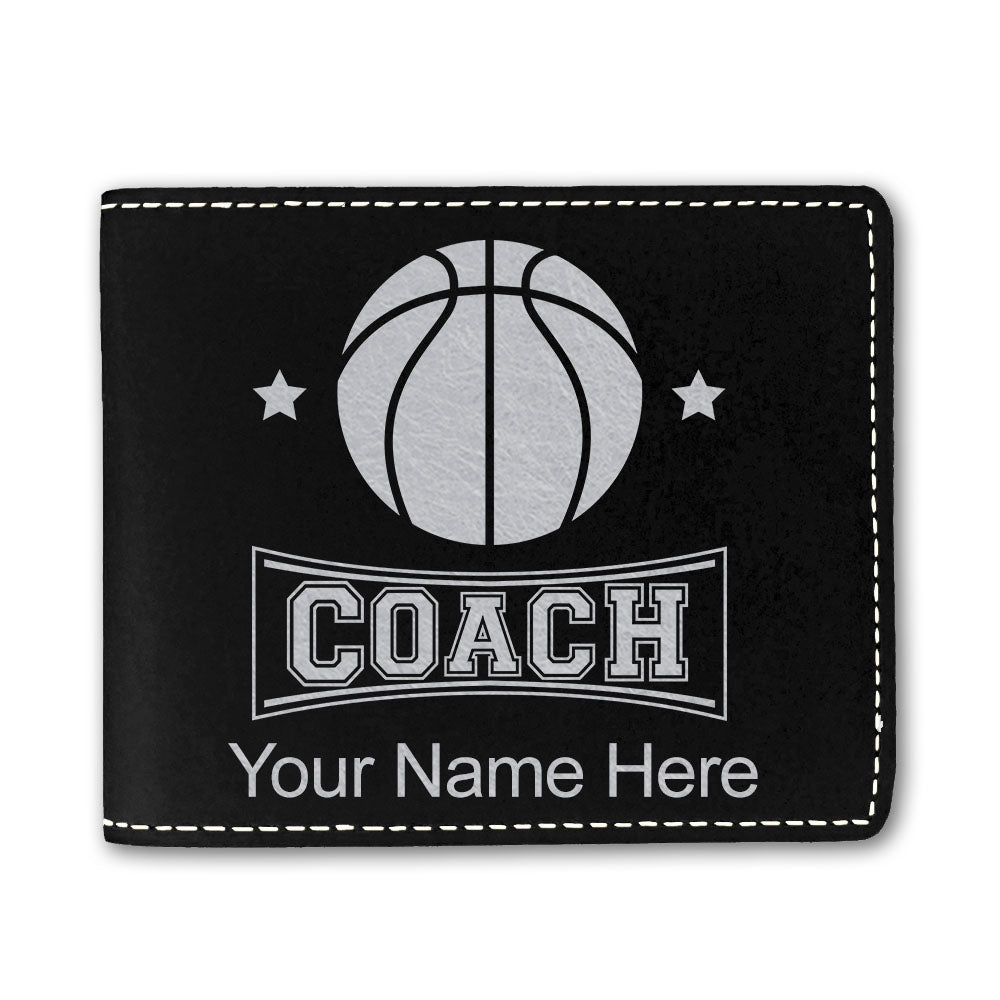 Faux Leather Bi-Fold Wallet, Basketball Coach, Personalized Engraving Included