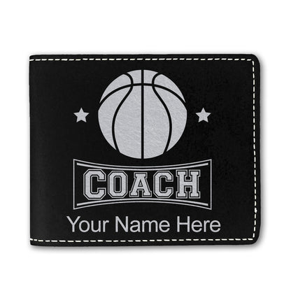 Faux Leather Bi-Fold Wallet, Basketball Coach, Personalized Engraving Included