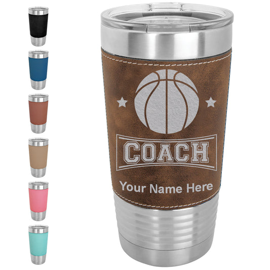 20oz Faux Leather Tumbler Mug, Basketball Coach, Personalized Engraving Included - LaserGram Custom Engraved Gifts