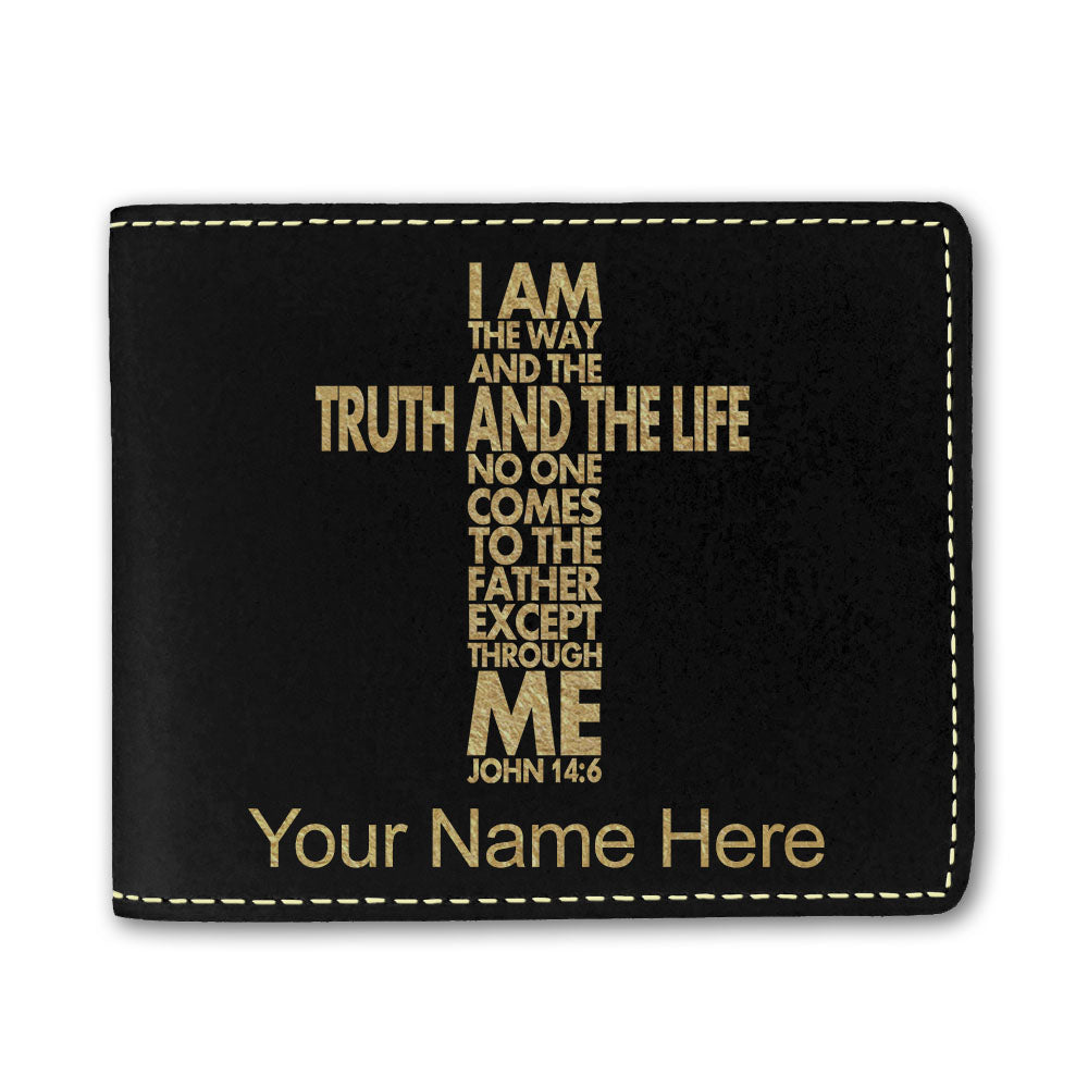 Faux Leather Bi-Fold Wallet, Bible Verse John 14-6, Personalized Engraving Included