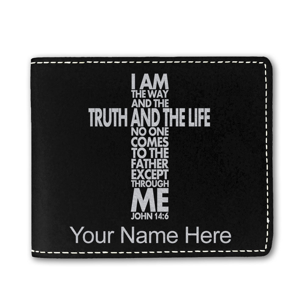 Faux Leather Bi-Fold Wallet, Bible Verse John 14-6, Personalized Engraving Included