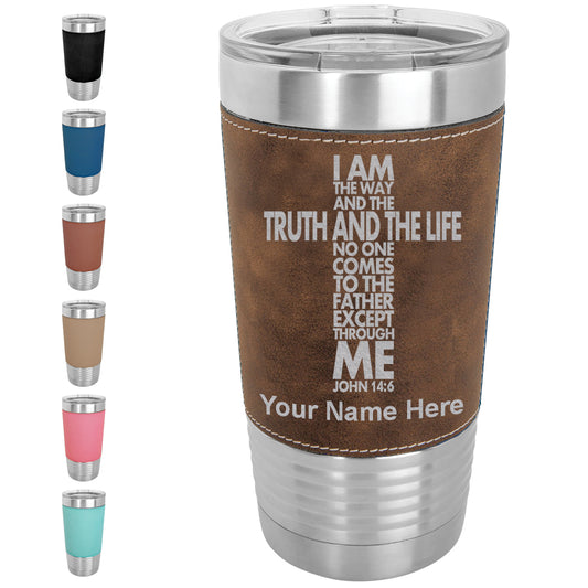 20oz Faux Leather Tumbler Mug, Bible Verse John 14-6, Personalized Engraving Included - LaserGram Custom Engraved Gifts