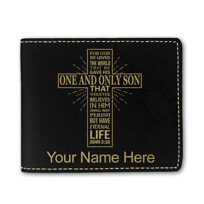 Faux Leather Bi-Fold Wallet, Bible Verse John 3-16, Personalized Engraving Included
