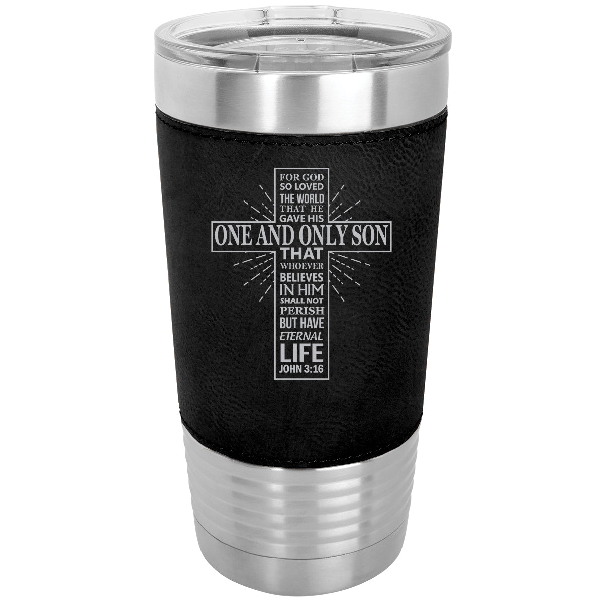 20oz Faux Leather Tumbler Mug, Bible Verse John 3-16, Personalized Engraving Included - LaserGram Custom Engraved Gifts