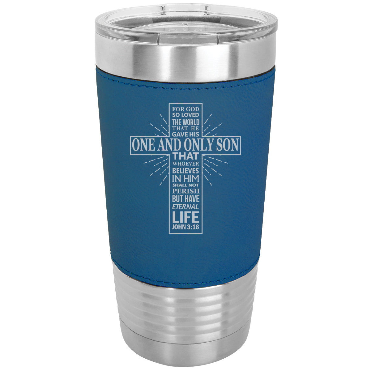 20oz Faux Leather Tumbler Mug, Bible Verse John 3-16, Personalized Engraving Included - LaserGram Custom Engraved Gifts