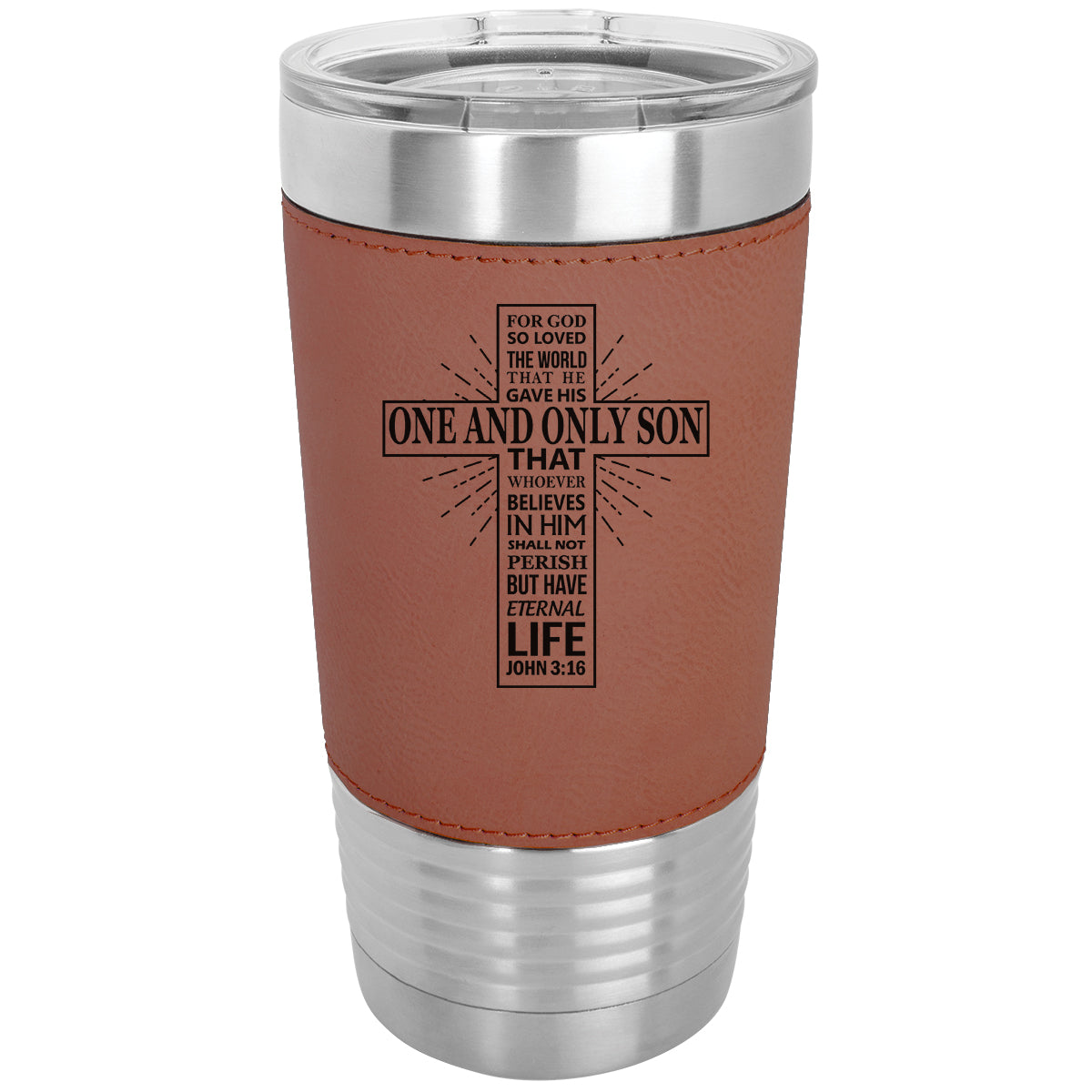 20oz Faux Leather Tumbler Mug, Bible Verse John 3-16, Personalized Engraving Included - LaserGram Custom Engraved Gifts