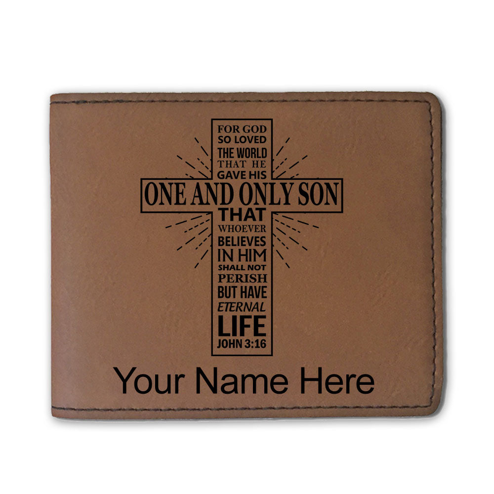 Faux Leather Bi-Fold Wallet, Bible Verse John 3-16, Personalized Engraving Included