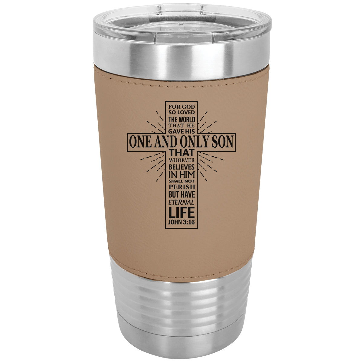 20oz Faux Leather Tumbler Mug, Bible Verse John 3-16, Personalized Engraving Included - LaserGram Custom Engraved Gifts