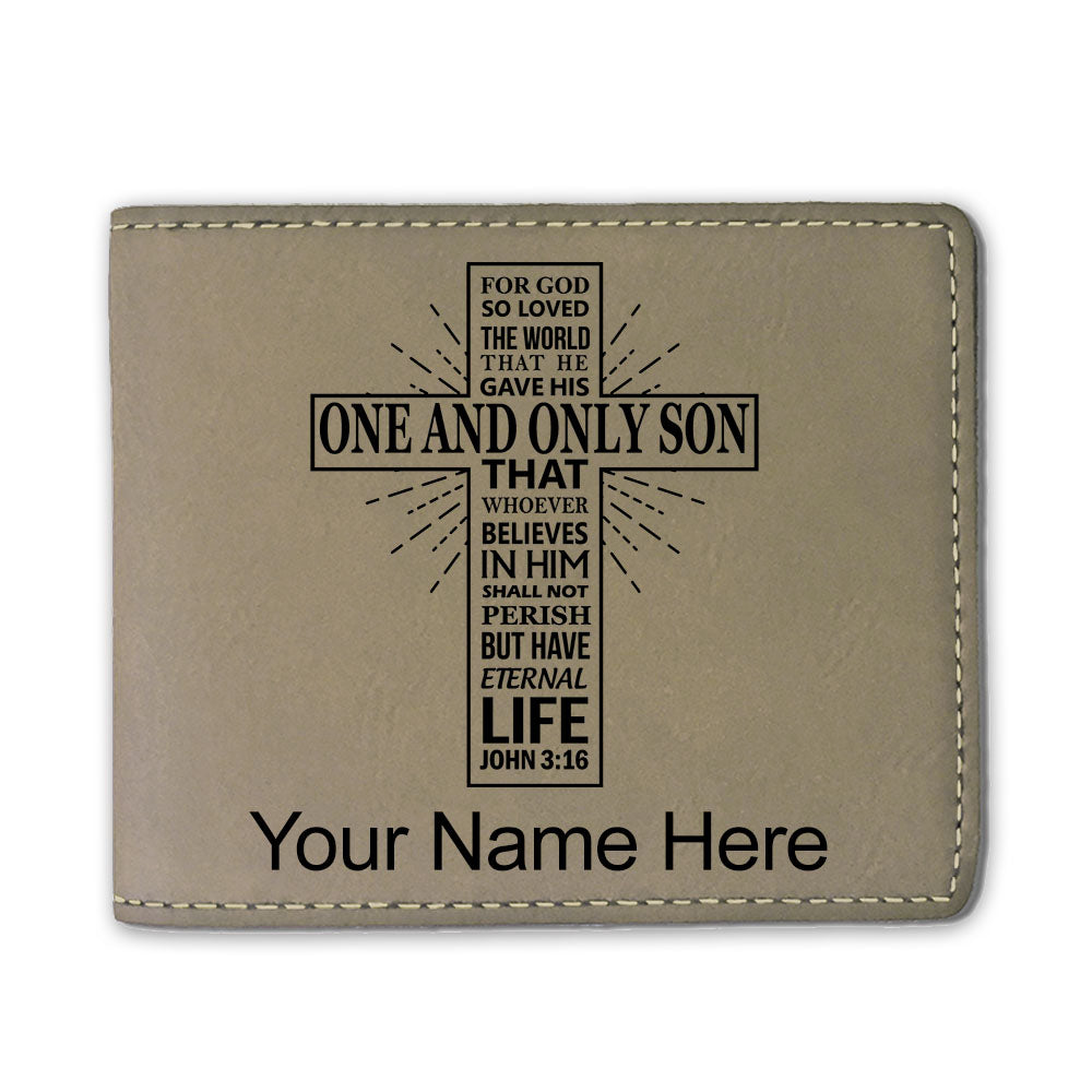 Faux Leather Bi-Fold Wallet, Bible Verse John 3-16, Personalized Engraving Included