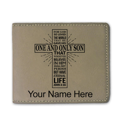Faux Leather Bi-Fold Wallet, Bible Verse John 3-16, Personalized Engraving Included