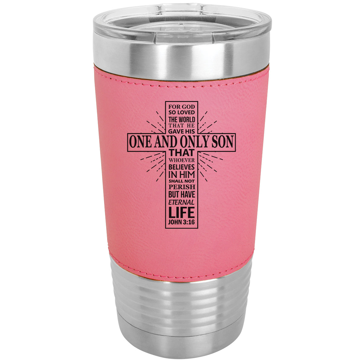 20oz Faux Leather Tumbler Mug, Bible Verse John 3-16, Personalized Engraving Included - LaserGram Custom Engraved Gifts