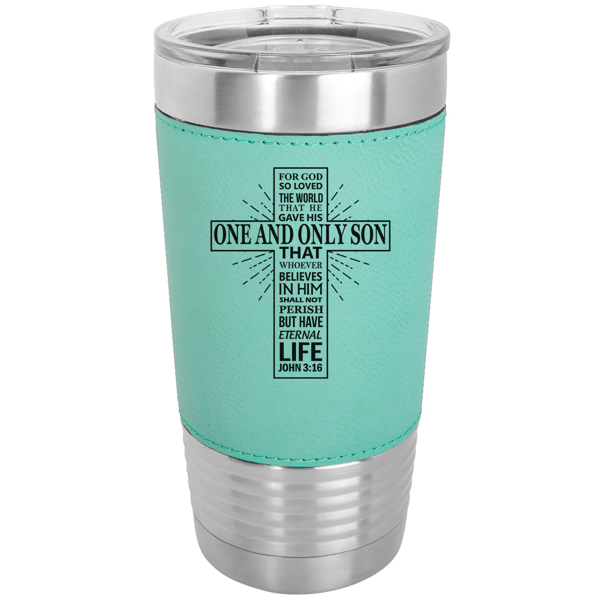 20oz Faux Leather Tumbler Mug, Bible Verse John 3-16, Personalized Engraving Included - LaserGram Custom Engraved Gifts