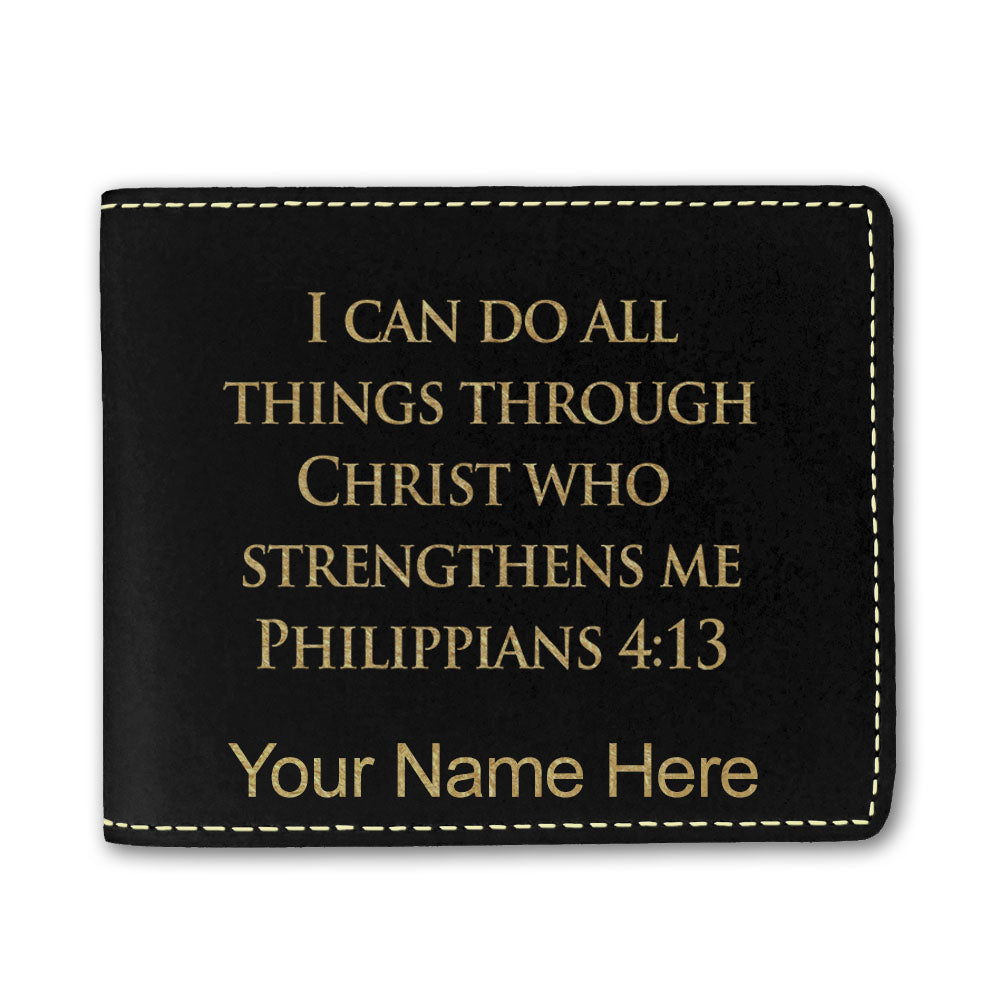 Faux Leather Bi-Fold Wallet, Bible Verse Philippians 4-13, Personalized Engraving Included