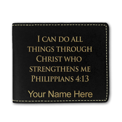 Faux Leather Bi-Fold Wallet, Bible Verse Philippians 4-13, Personalized Engraving Included
