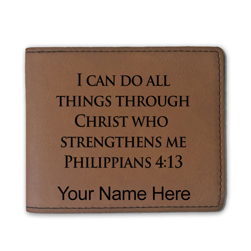 Faux Leather Bi-Fold Wallet, Bible Verse Philippians 4-13, Personalized Engraving Included