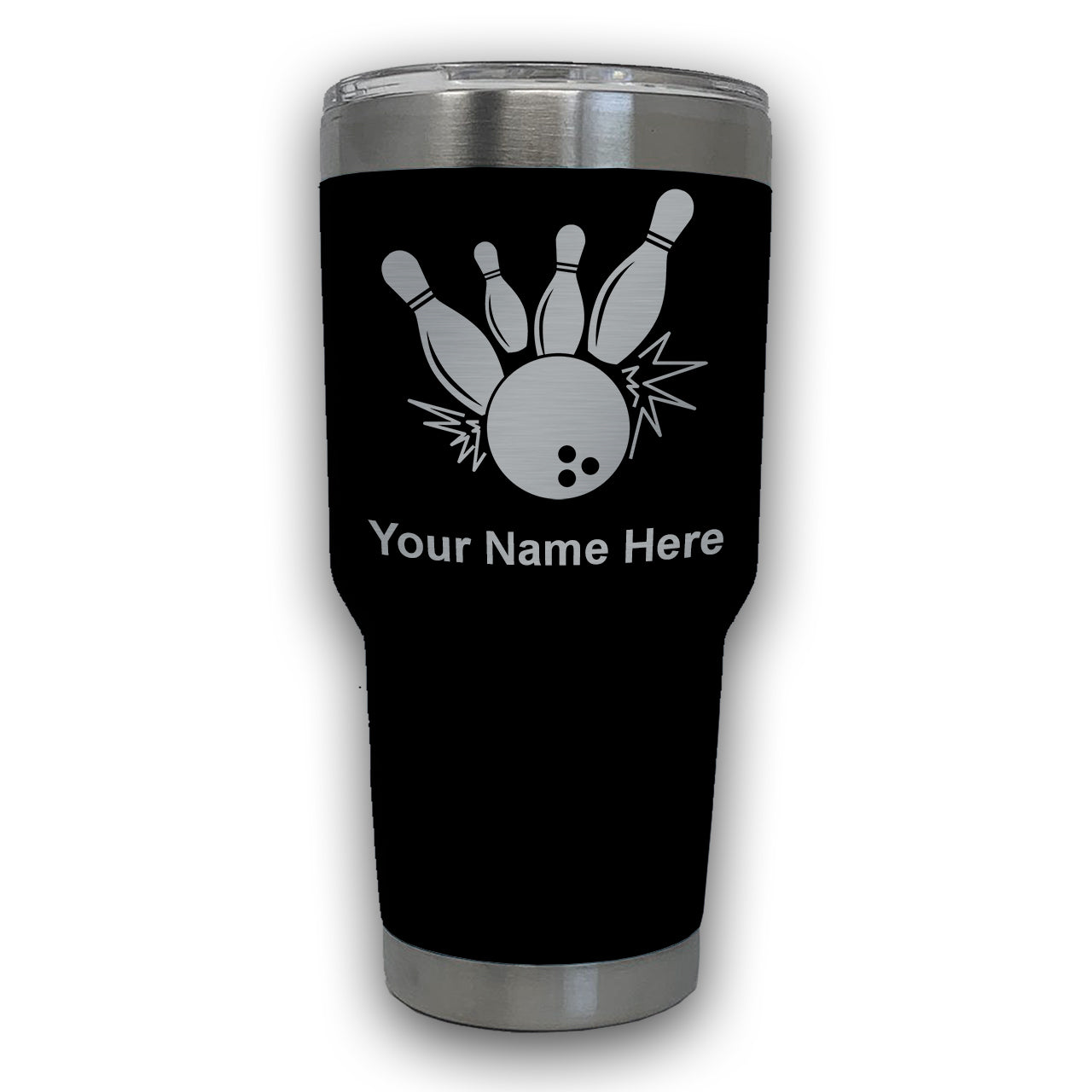 LaserGram 30oz Tumbler Mug, Bowling Ball and Pins, Personalized Engraving Included