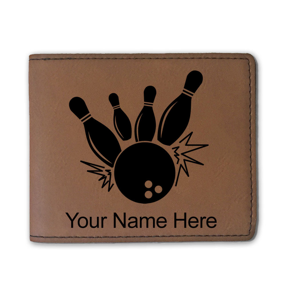 Faux Leather Bi-Fold Wallet, Bowling Ball and Pins, Personalized Engraving Included