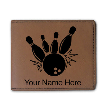 Faux Leather Bi-Fold Wallet, Bowling Ball and Pins, Personalized Engraving Included