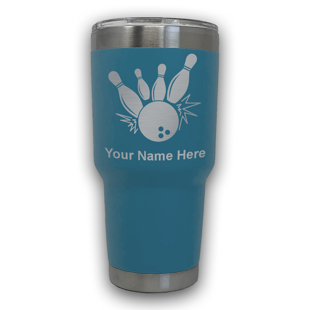 LaserGram 30oz Tumbler Mug, Bowling Ball and Pins, Personalized Engraving Included