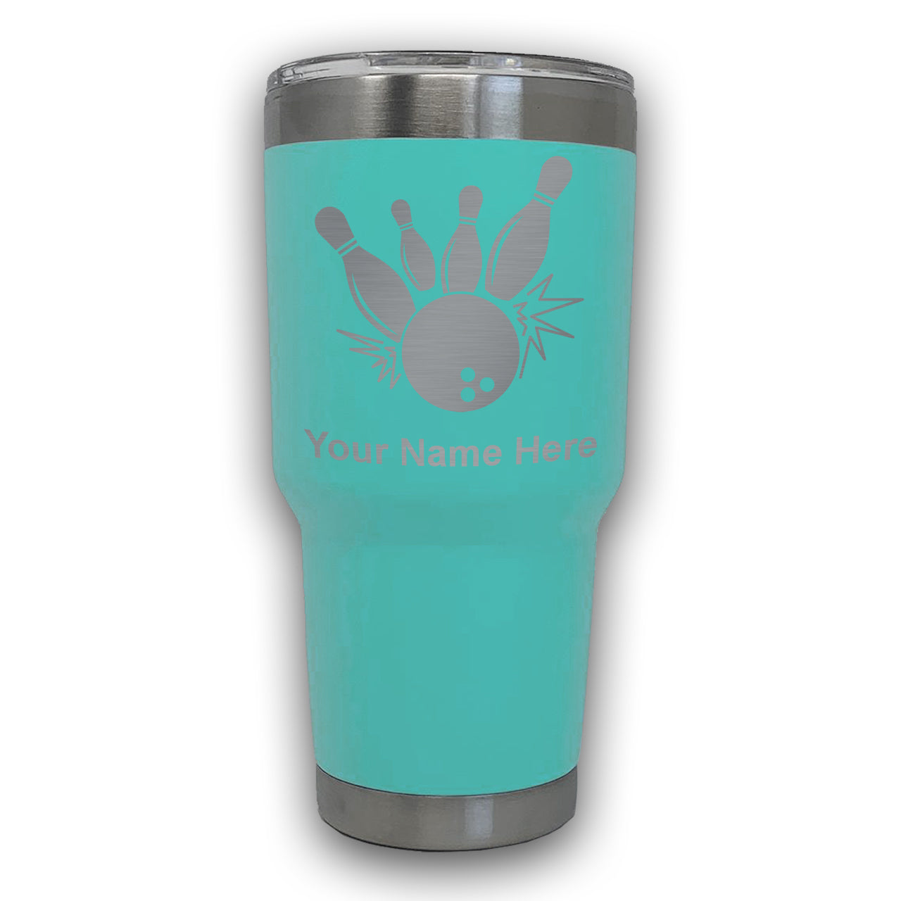 LaserGram 30oz Tumbler Mug, Bowling Ball and Pins, Personalized Engraving Included