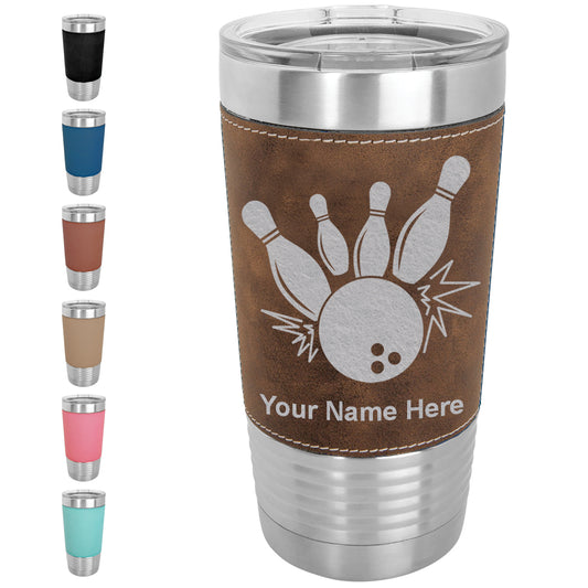 20oz Faux Leather Tumbler Mug, Bowling Ball and Pins, Personalized Engraving Included - LaserGram Custom Engraved Gifts