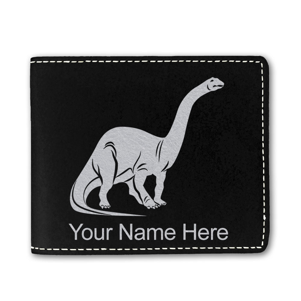 Faux Leather Bi-Fold Wallet, Brontosaurus Dinosaur, Personalized Engraving Included