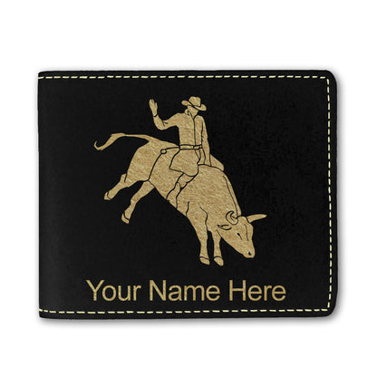 Faux Leather Bi-Fold Wallet, Bull Rider Cowboy, Personalized Engraving Included
