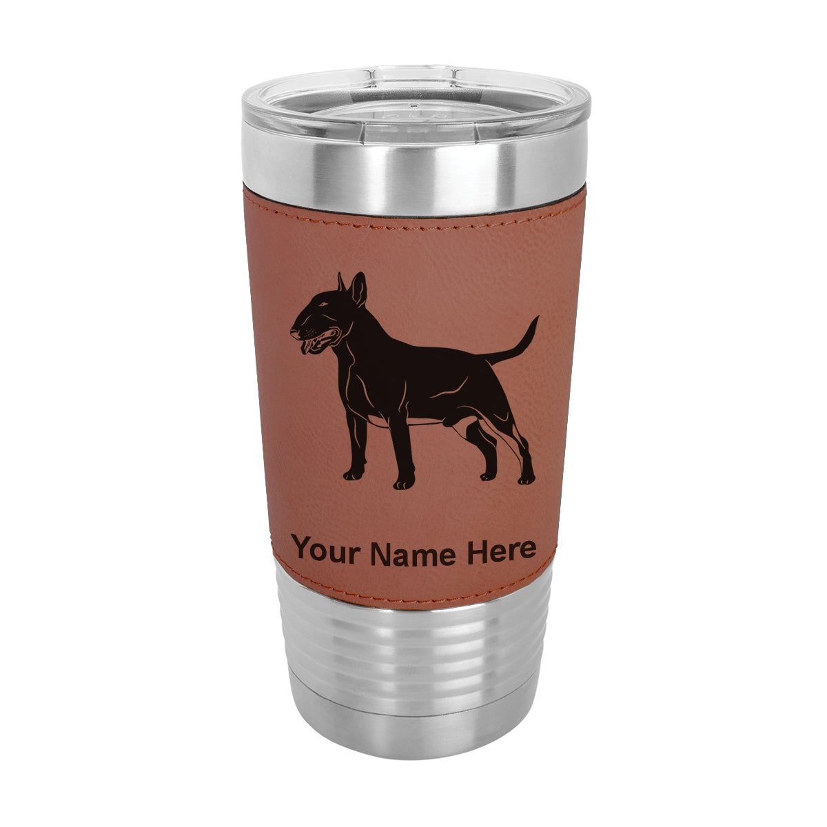 20oz Faux Leather Tumbler Mug, Bull Terrier Dog, Personalized Engraving Included - LaserGram Custom Engraved Gifts