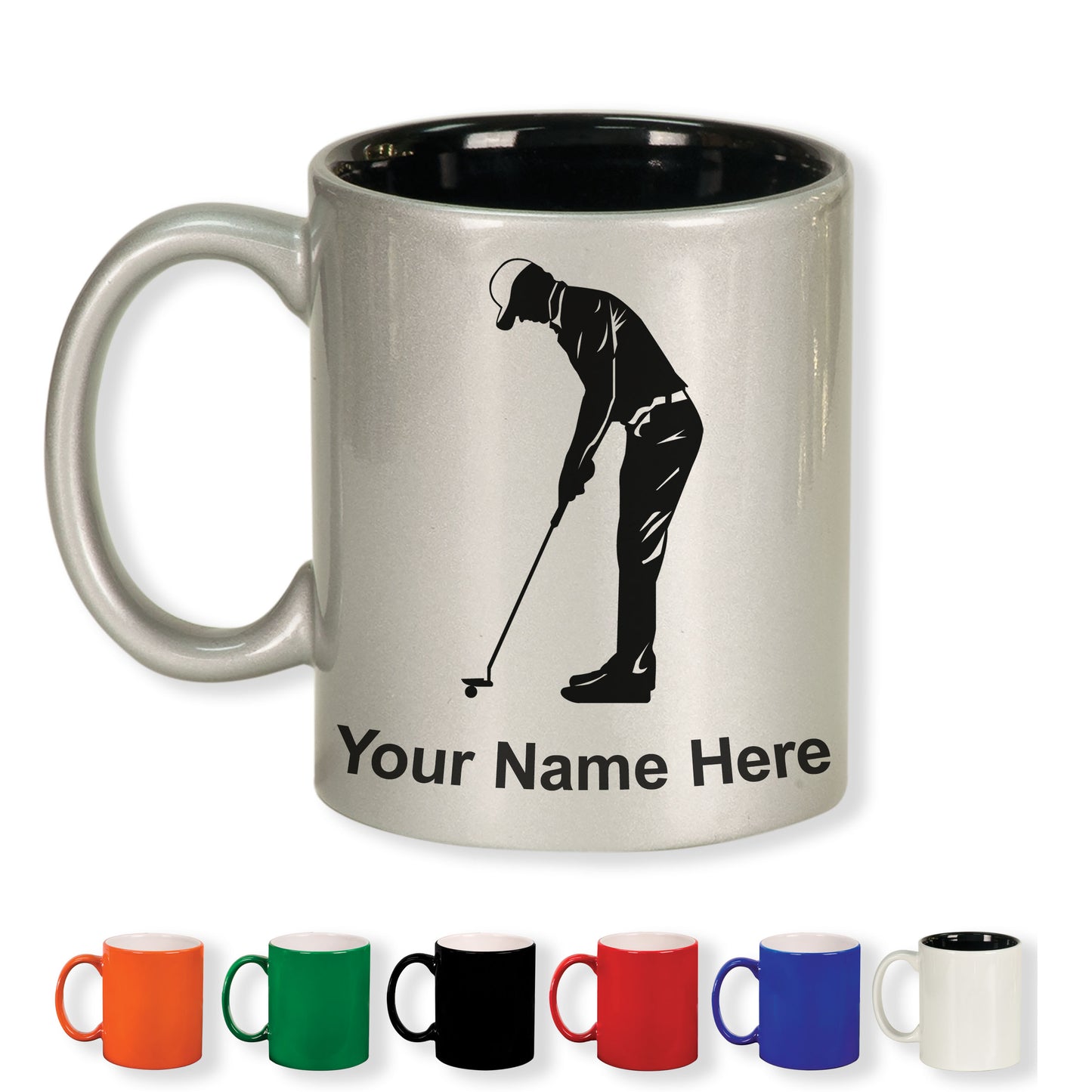 11oz Round Ceramic Coffee Mug, Golfer Putting, Personalized Engraving Included