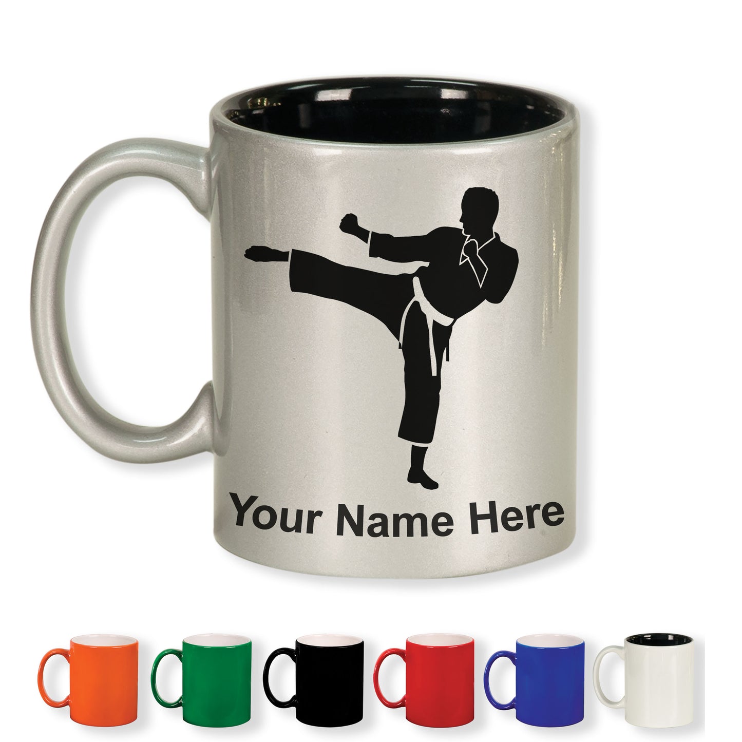 11oz Round Ceramic Coffee Mug, Karate Man, Personalized Engraving Included
