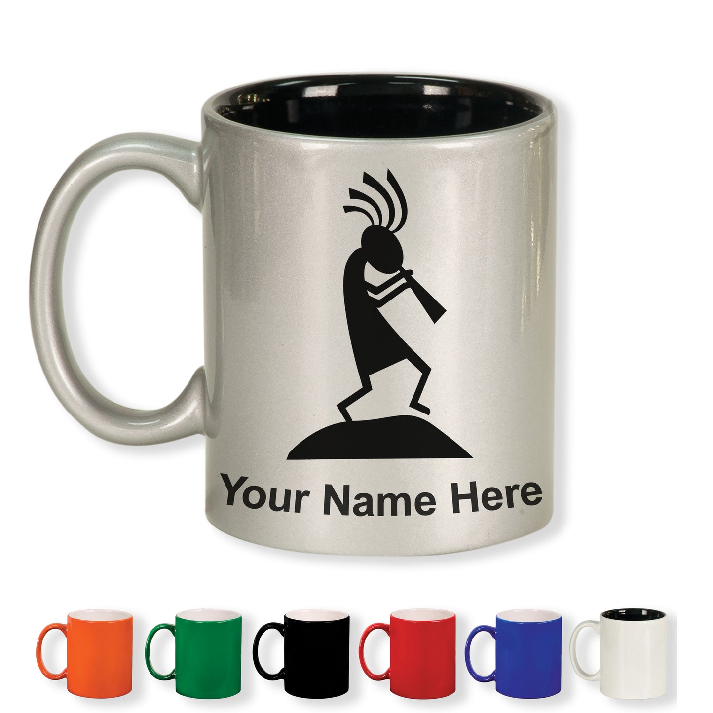 11oz Round Ceramic Coffee Mug, Kokopelli, Personalized Engraving Included