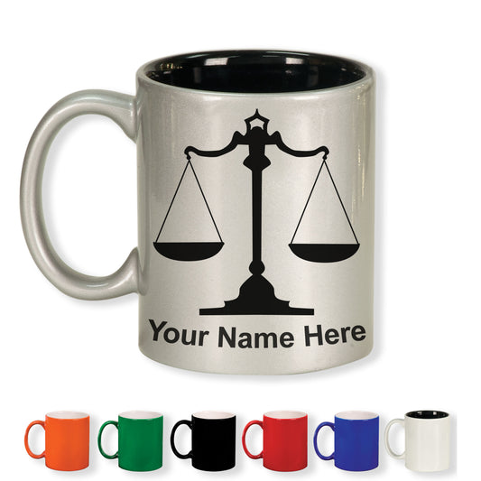 11oz Round Ceramic Coffee Mug, Law Scale, Personalized Engraving Included