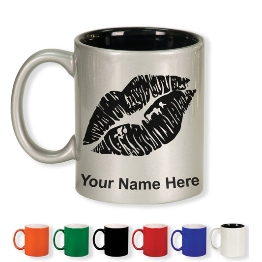 11oz Round Ceramic Coffee Mug, Lipstick Kiss, Personalized Engraving Included