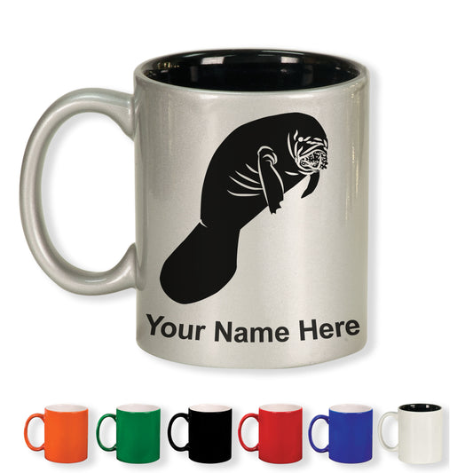 11oz Round Ceramic Coffee Mug, Manatee, Personalized Engraving Included