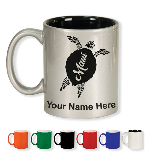 11oz Round Ceramic Coffee Mug, Maui Sea Turtle, Personalized Engraving Included