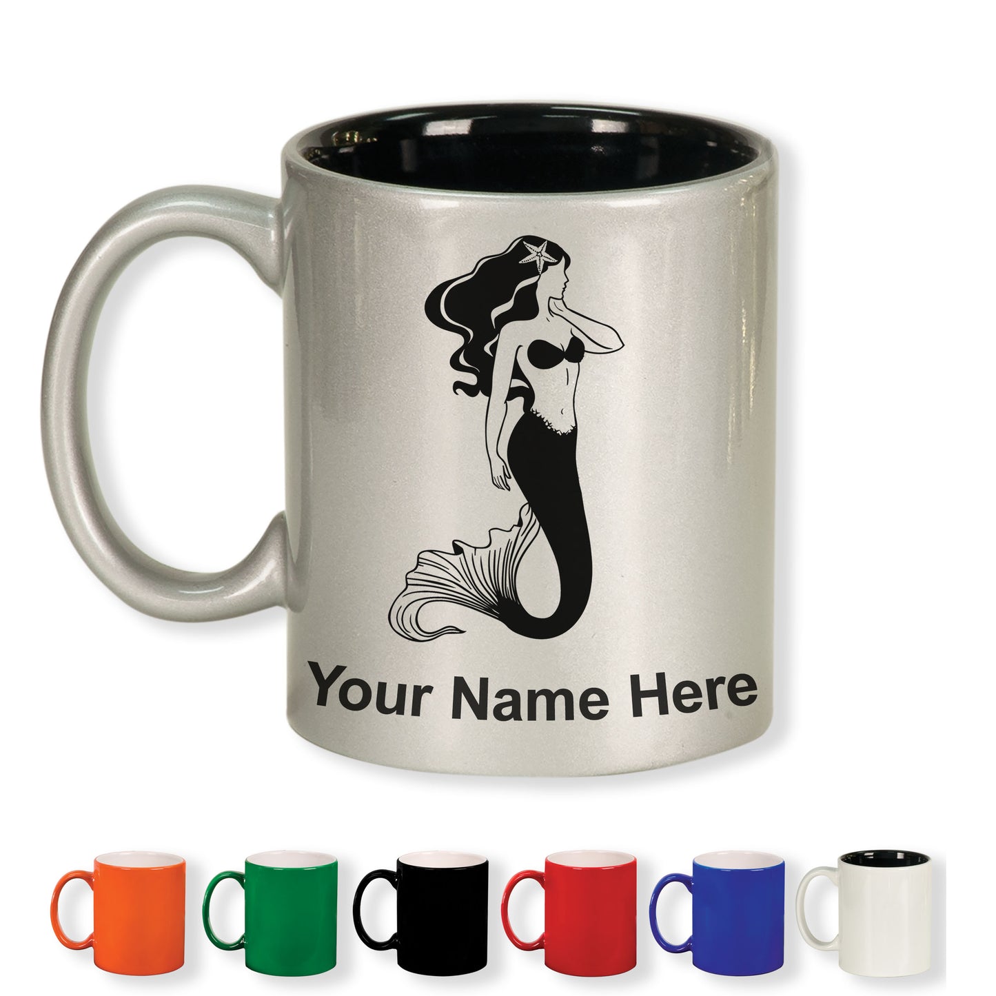 11oz Round Ceramic Coffee Mug, Mermaid, Personalized Engraving Included