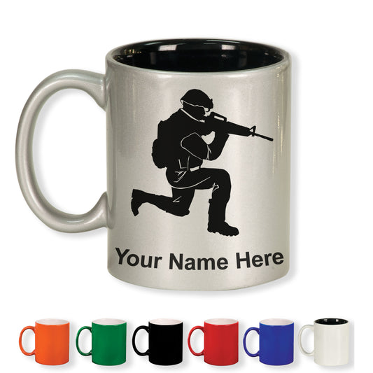 11oz Round Ceramic Coffee Mug, Military Soldier, Personalized Engraving Included