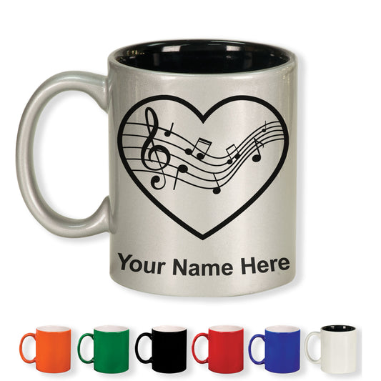 11oz Round Ceramic Coffee Mug, Music Staff Heart, Personalized Engraving Included