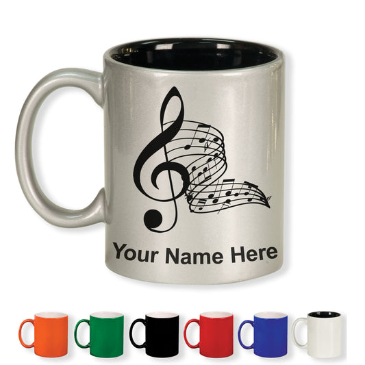 11oz Round Ceramic Coffee Mug, Musical Notes, Personalized Engraving Included