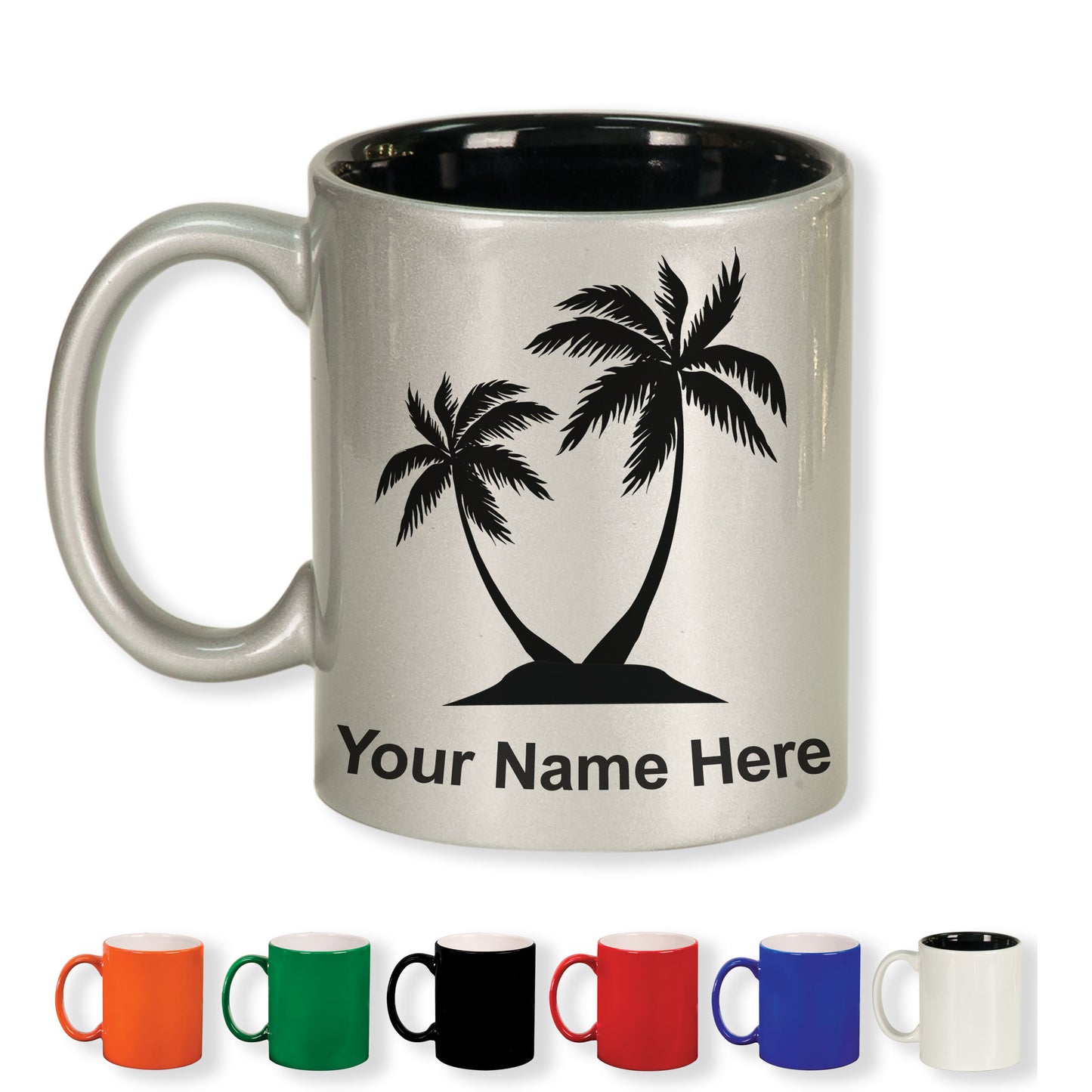 11oz Round Ceramic Coffee Mug, Palm Trees, Personalized Engraving Included