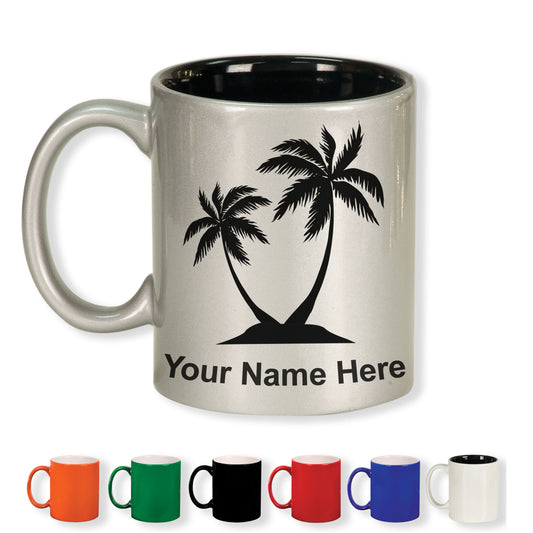 11oz Round Ceramic Coffee Mug, Palm Trees, Personalized Engraving Included